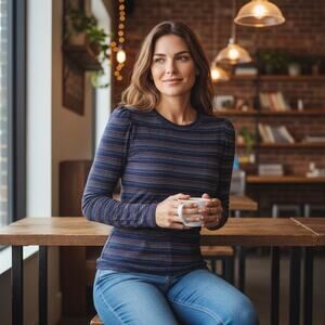 Trina Turk Rainbow Stripe Shirt XL Puff Sleeve Colorful Designer Long Sleeve Tee